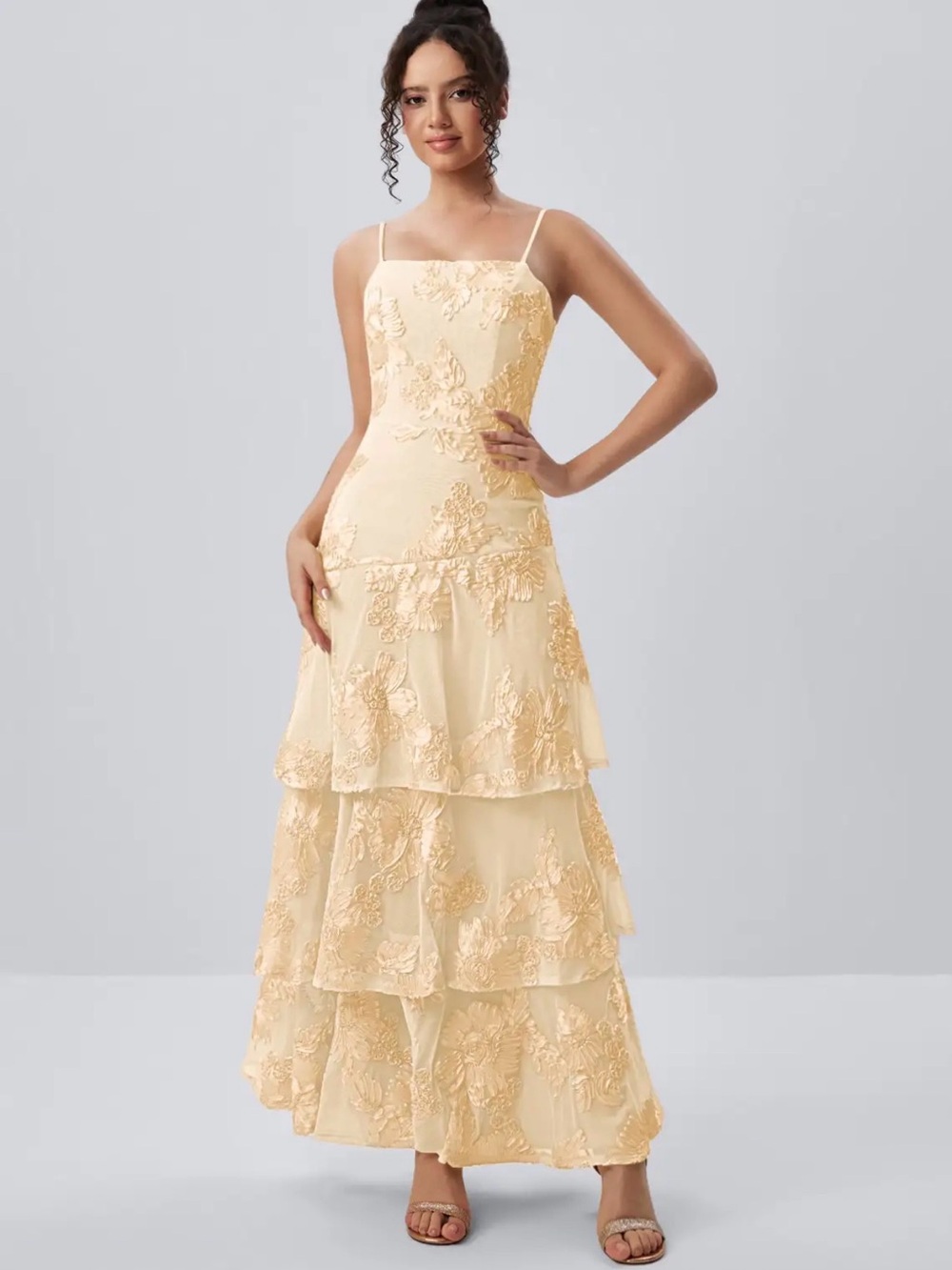 Spaghetti Strap Tiered Lace Maxi Dress in Champagne